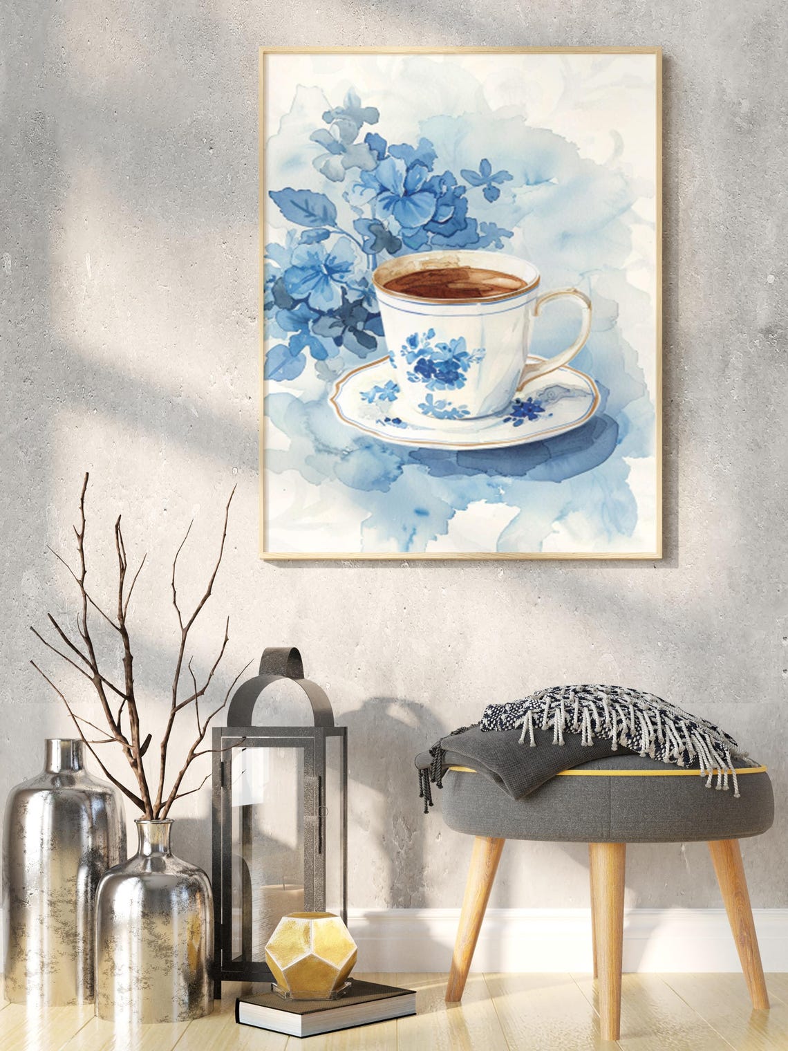 Delicate Blue Watercolor Teacup with Floral Tea Still Life Poster - Image 6