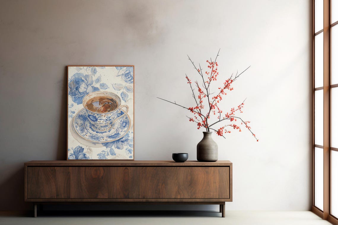 Blue and White Porcelain Teacup with Coffee Vintage Still Life Poster - Image 3