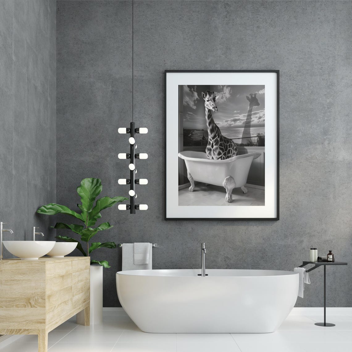 Giraffe Relaxing in Vintage Clawfoot Bathtub Black White Art Poster - Image 5