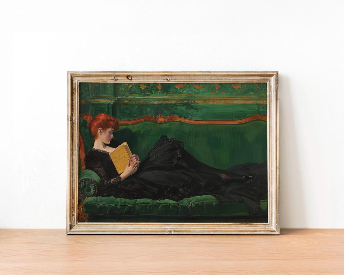 Decadent Women Portrait Victorian Female Painting Emerlad Green Girl Print Young Woman Poster Girl Art Women Reading Decor