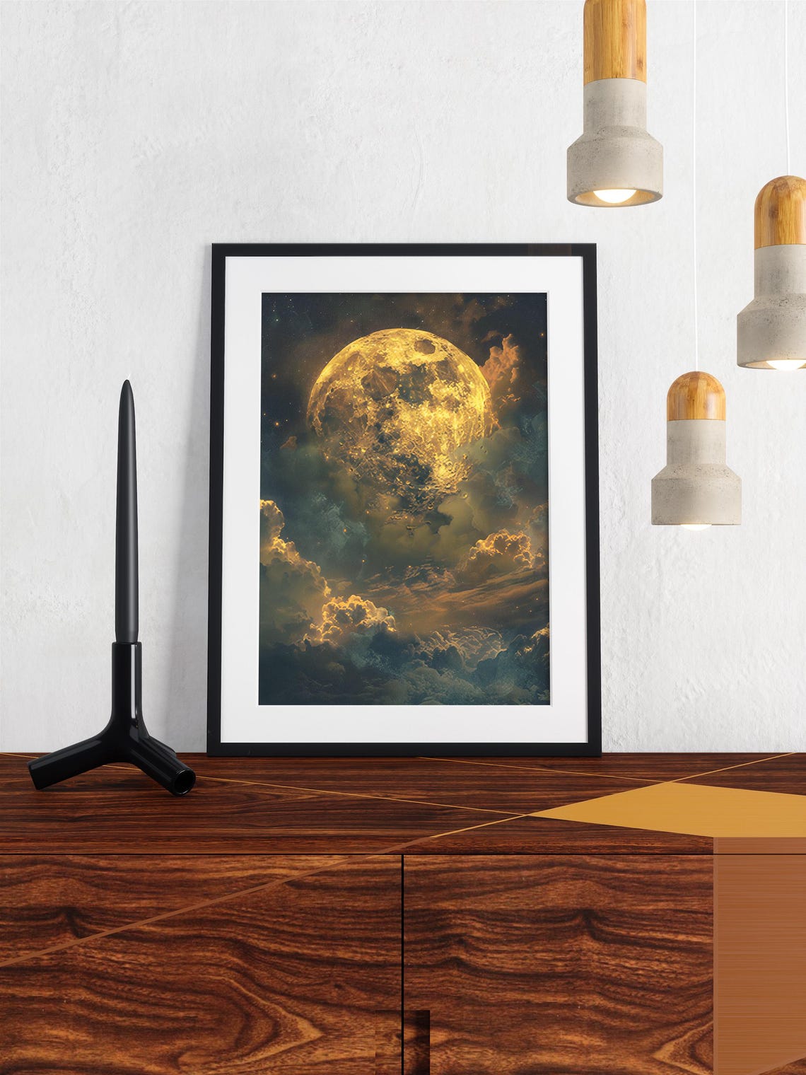 Giant Golden Moon Behind Dark Storm Clouds Moody Night Poster - Image 3
