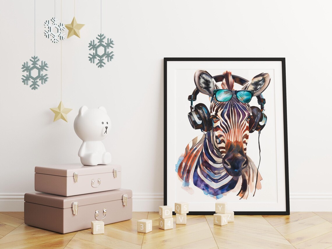 Cool Zebra Wearing Headphones and Sunglasses Watercolor Art Poster - Image 4