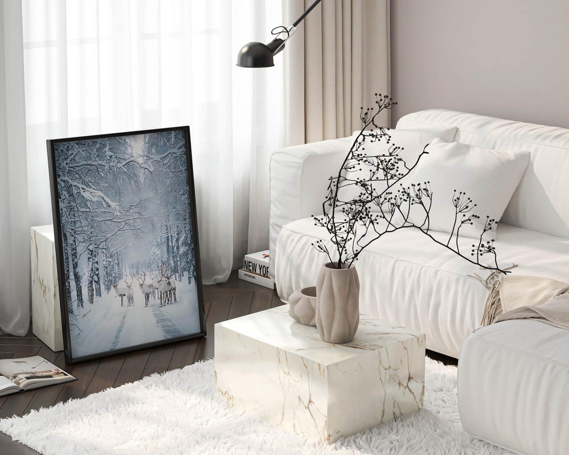 White Reindeer Herd on a Snowy Birch Forest Road Winter Poster - Image 3