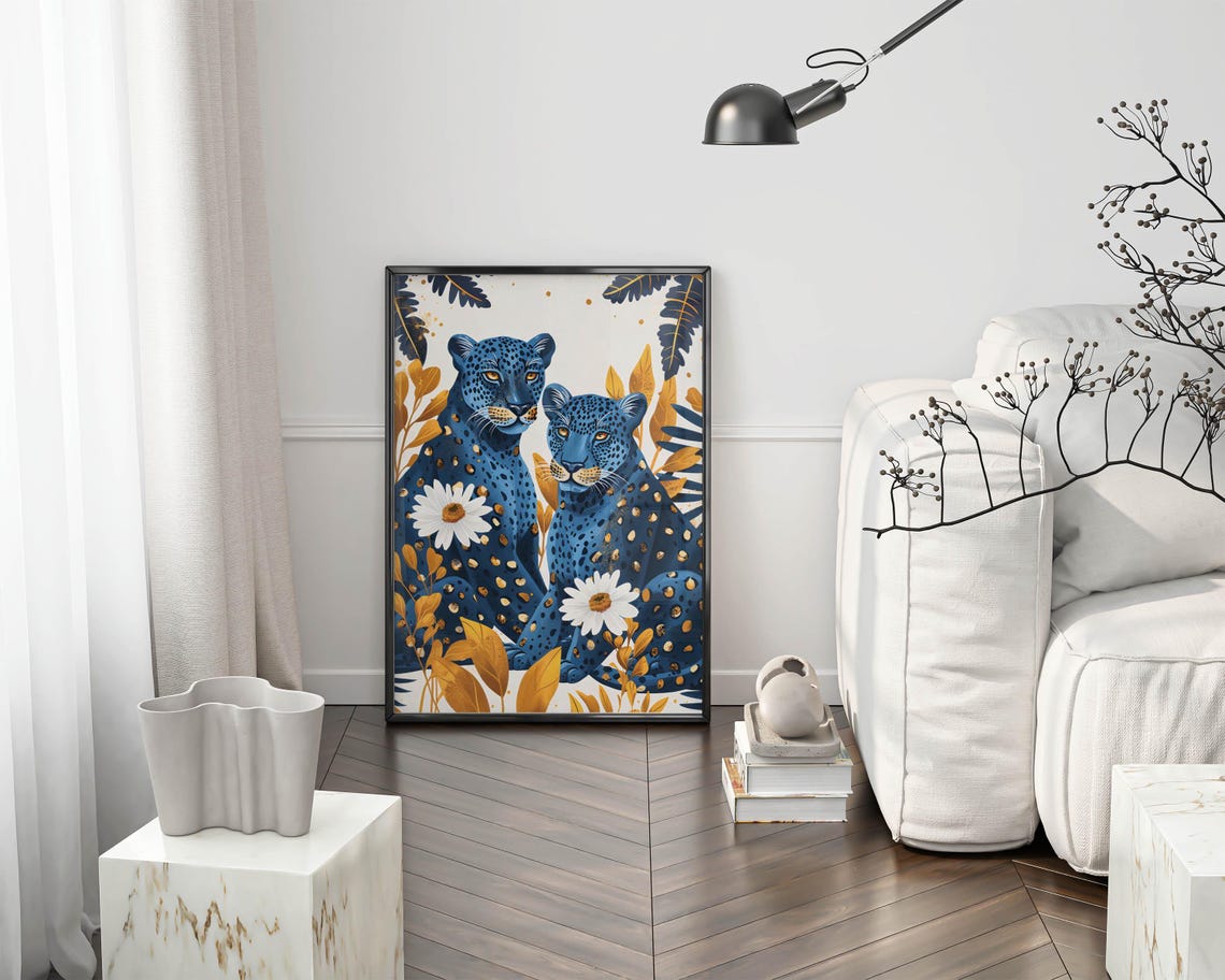 Two Dark Blue Leopards With White Daisies and Gold Leaves Poster - Image 5