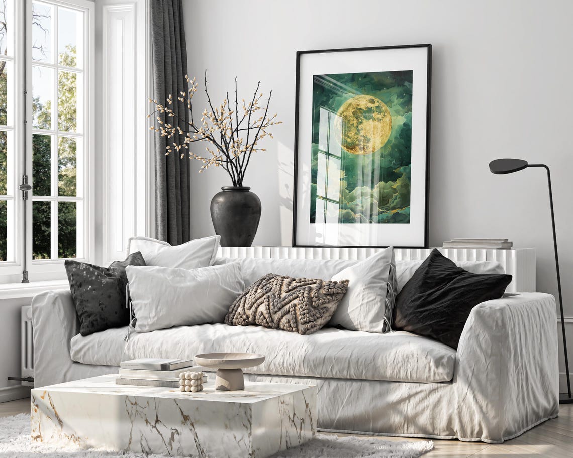 Golden Full Moon Glowing Through Teal Clouds Celestial Art Poster - Image 2