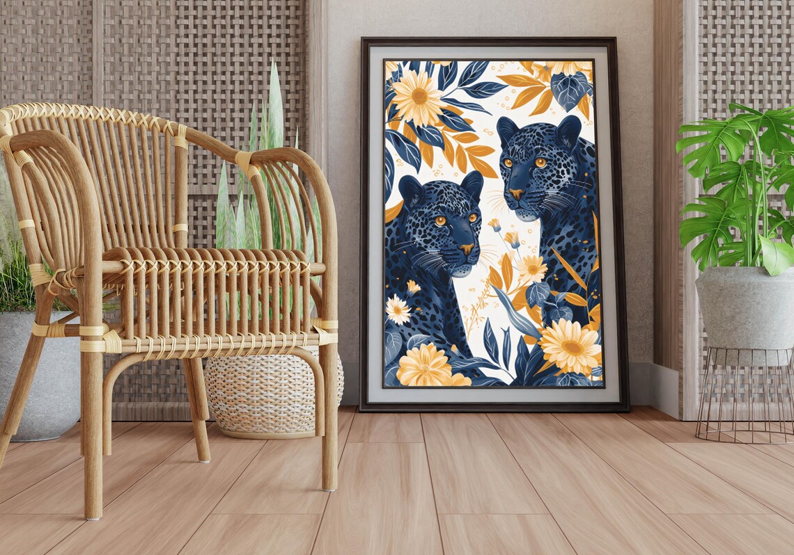 Two Blue Leopards Among Golden Daisies in Navy and Gold Poster - Image 6