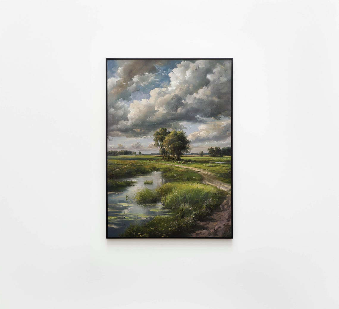 Winding Stream Through Meadow Under Dramatic Cloudscape Poster