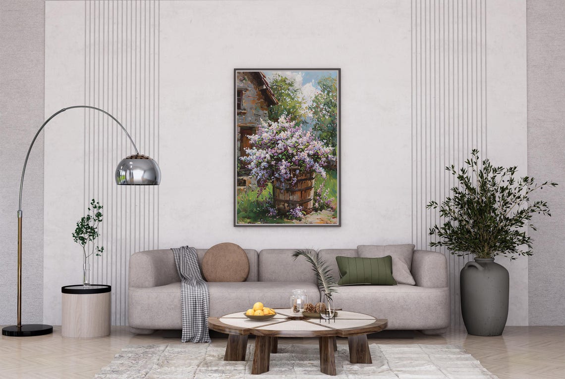 Overflowing Lilac Barrel at Rustic Cottage Doorway Art Poster - Image 3