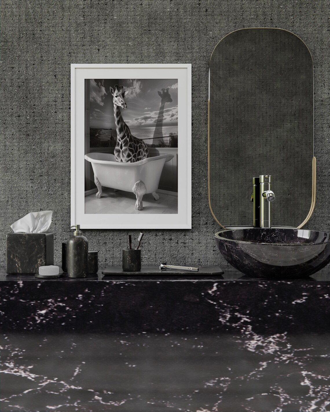 Giraffe Relaxing in Vintage Clawfoot Bathtub Black White Art Poster - Image 2