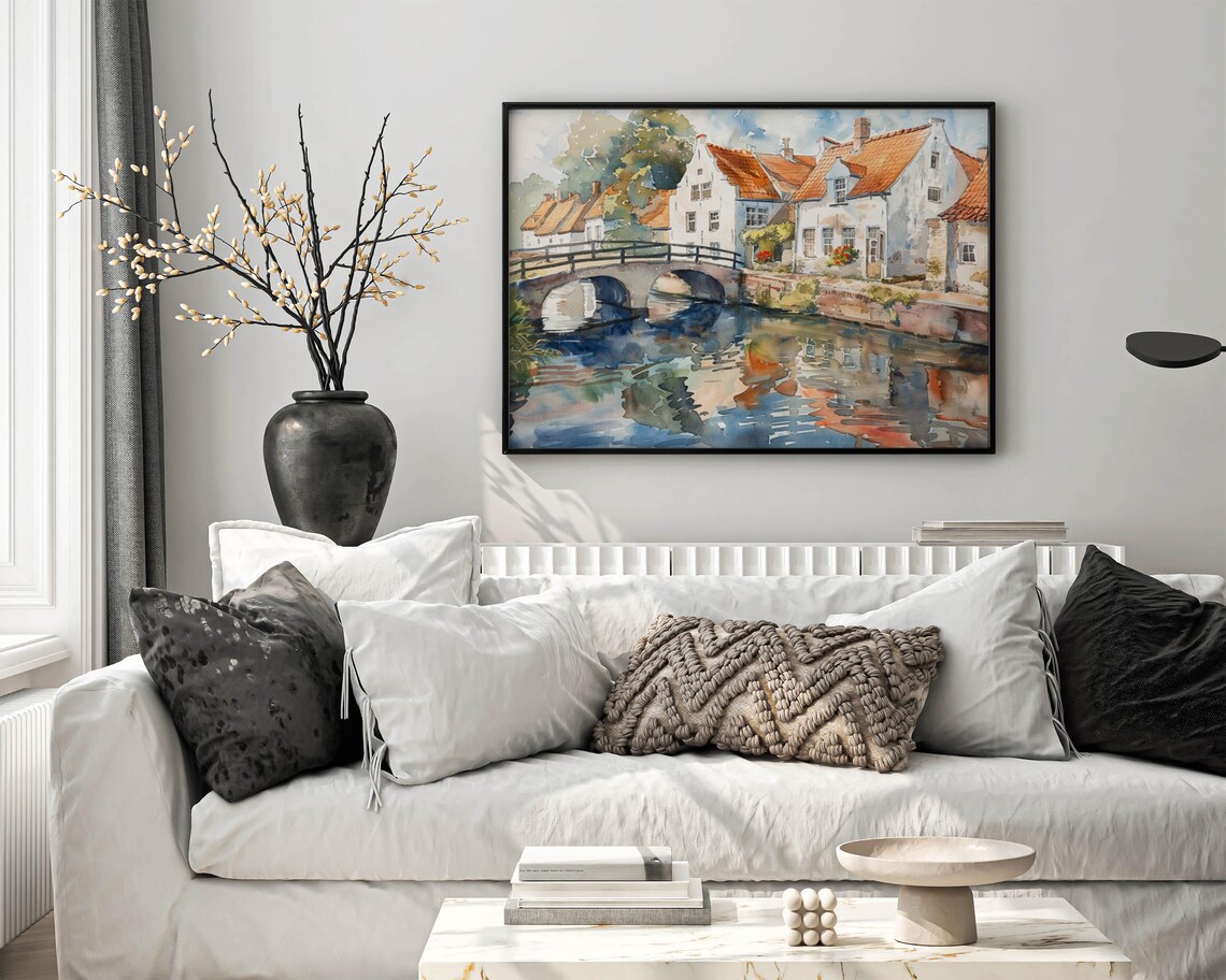Bruges Canal Watercolor with Red Roofs and Stone Bridge Art Poster - Image 6
