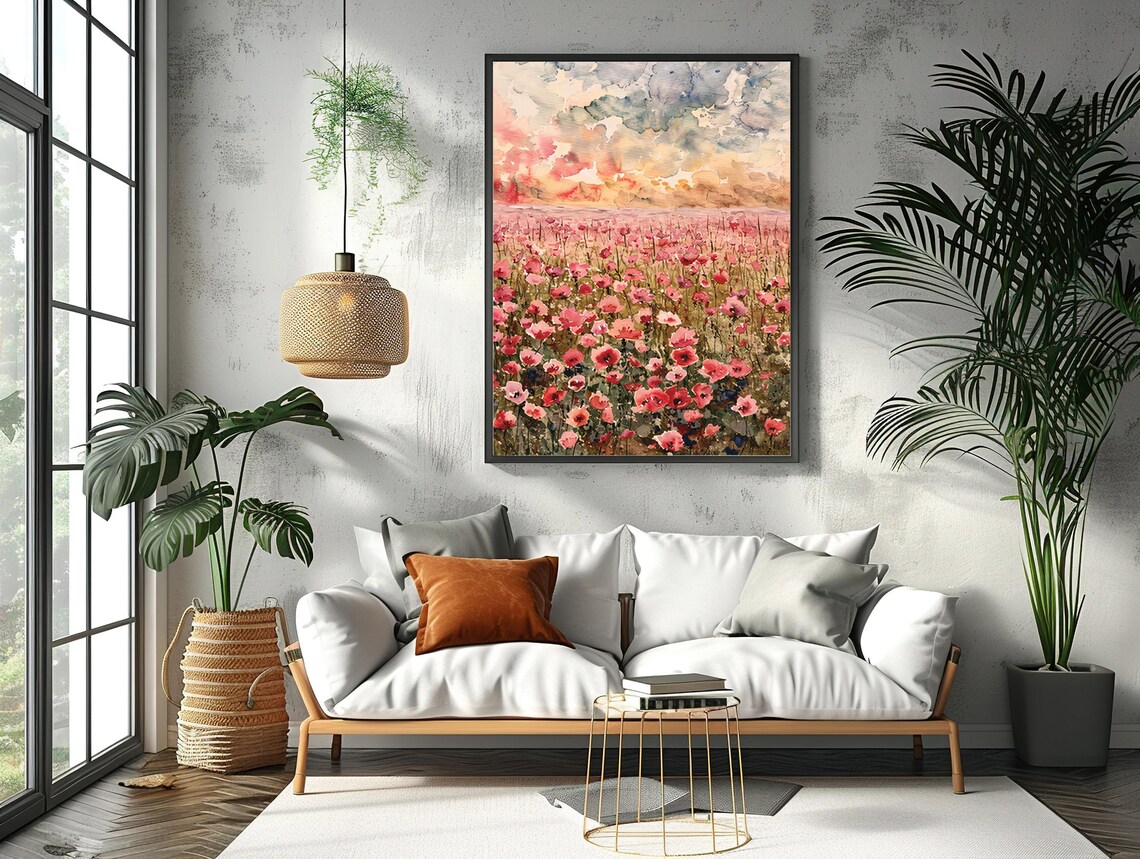 Red Poppy Field at Sunset Watercolor Floral Landscape Art Poster - Image 2