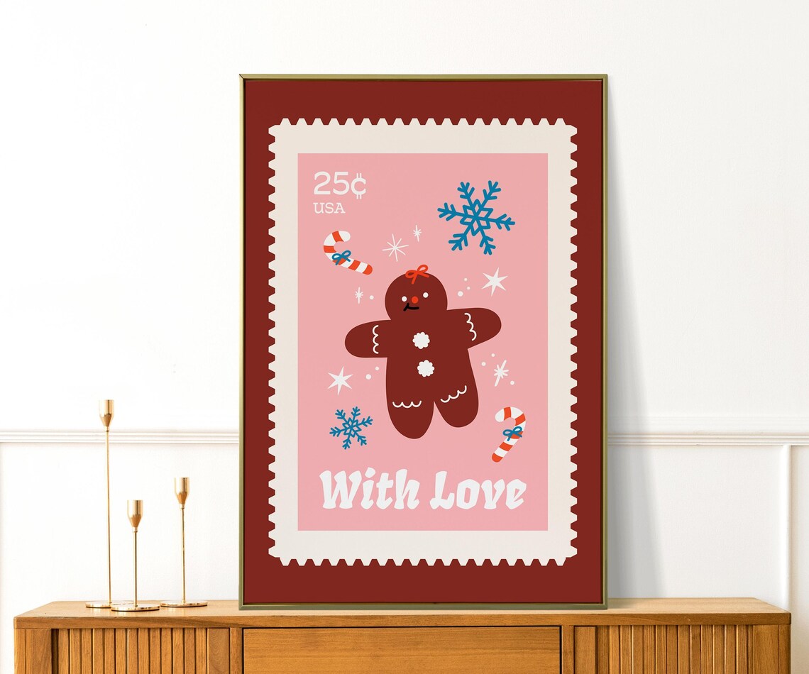 With Love Christmas Stamp Gingerbread Girl Vintage Holiday Decor Print