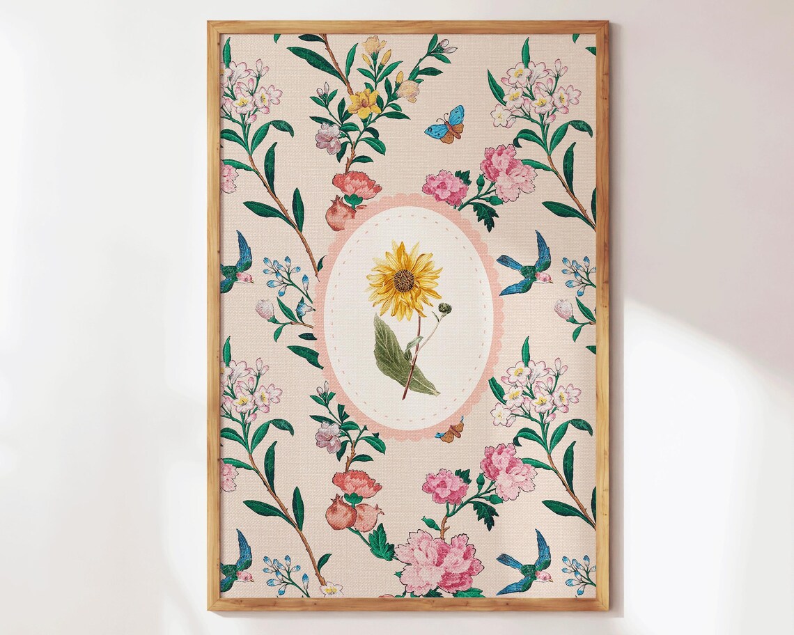 Vintage Sunflower Botanical Oval With Birds Floral Art Poster