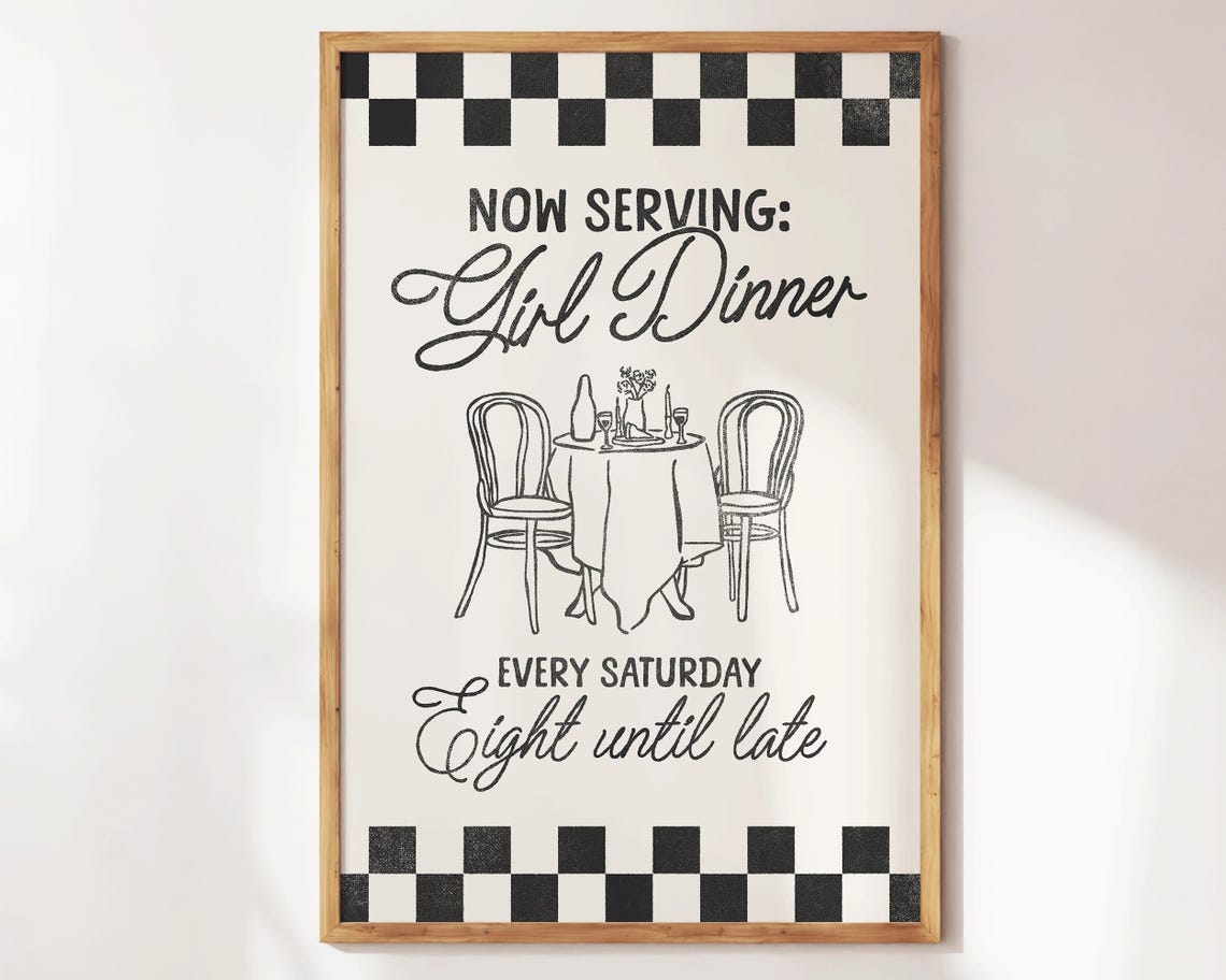 Now Serving Girl Dinner Cafe Table Checkerboard Kitchen Poster