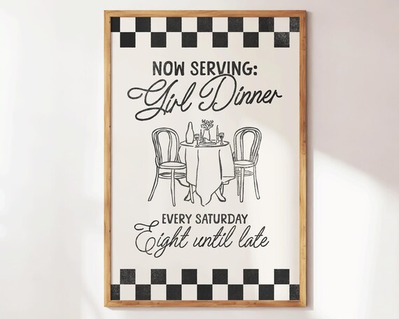 Now Serving Girl Dinner Cafe Table Checkerboard Kitchen Poster