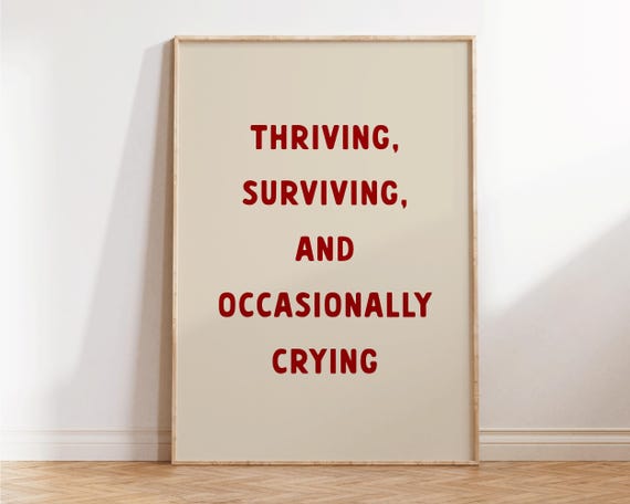 Thriving Surviving Occasionally Crying Retro Minimalist Wall Art Funny Living Room Trendy Apartment Decor Girly Red Print