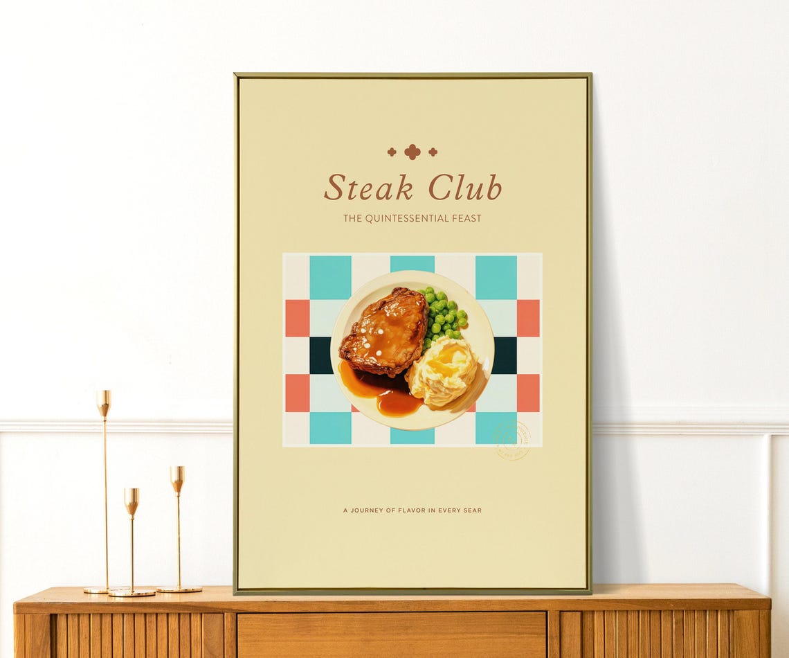 Steak Club Retro Mid Century Modern Dinner Plate Kitchen Art Poster