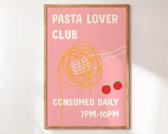 Pasta Lover Club Spaghetti Fork Fun Retro Kitchen Decor Poster