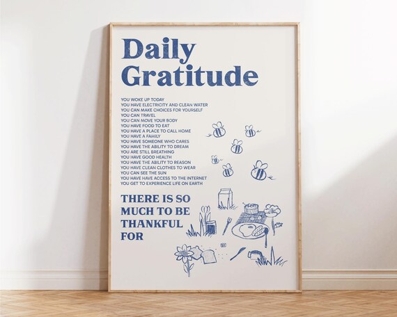 Daily Gratitude Thankful List Blue Bee Illustration Art Poster