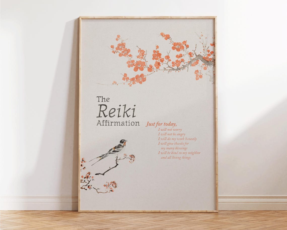 The Reiki Affirmation Japanese Bird Plum Blossom Quote Poster