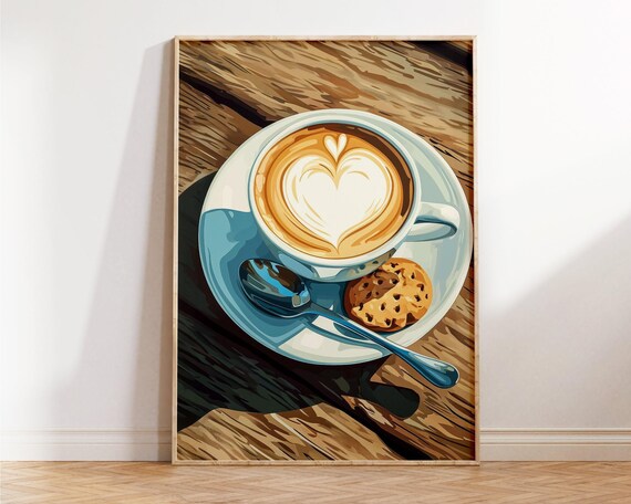 Heart Latte Art Coffee Cup Cookie Illustrated Kitchen Wall Poster