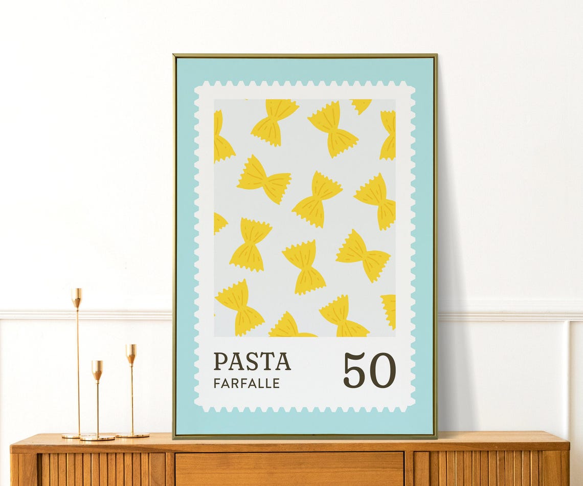 Farfalle Pasta Postage Stamp Style Retro Italian Kitchen Print