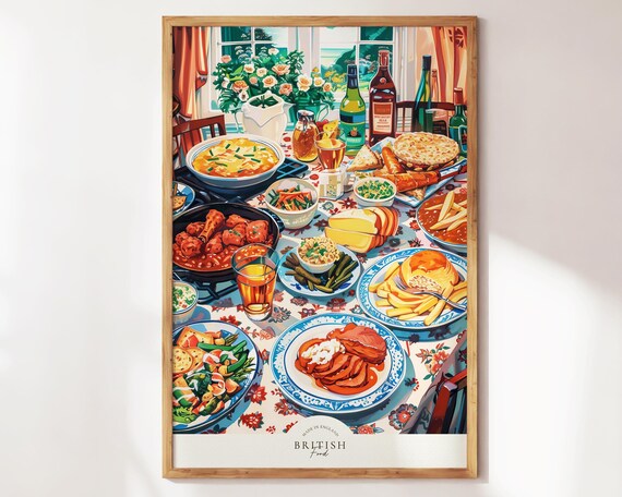 British Food Vibrant Feast Table Full Spread Vintage Illustration Poster