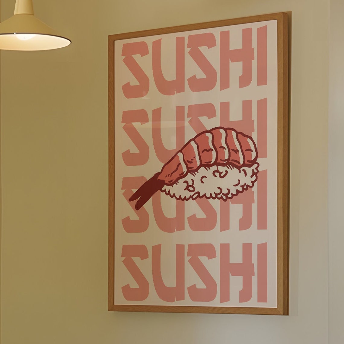 Shrimp Nigiri Sushi Bold Retro Pink Typography Japanese Kitchen Poster
