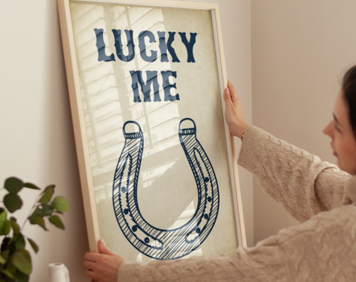 Lucky Me Navy Horseshoe Western Positive Affirmation Quote Poster