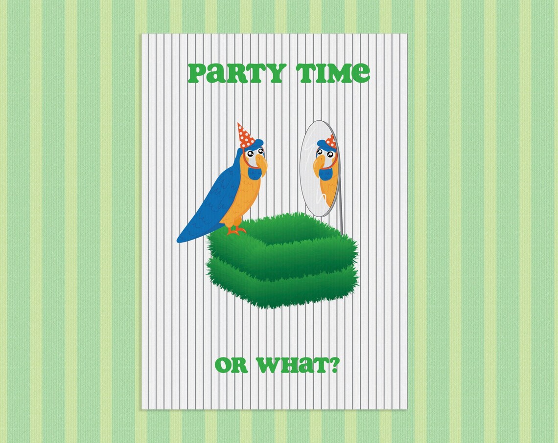 Party Time Parrot Birthday Card Funny Colorful Bird Art Print