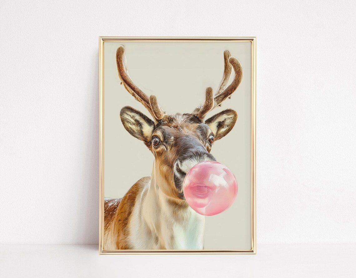 Reindeer Blowing Bubblegum Christmas Poster