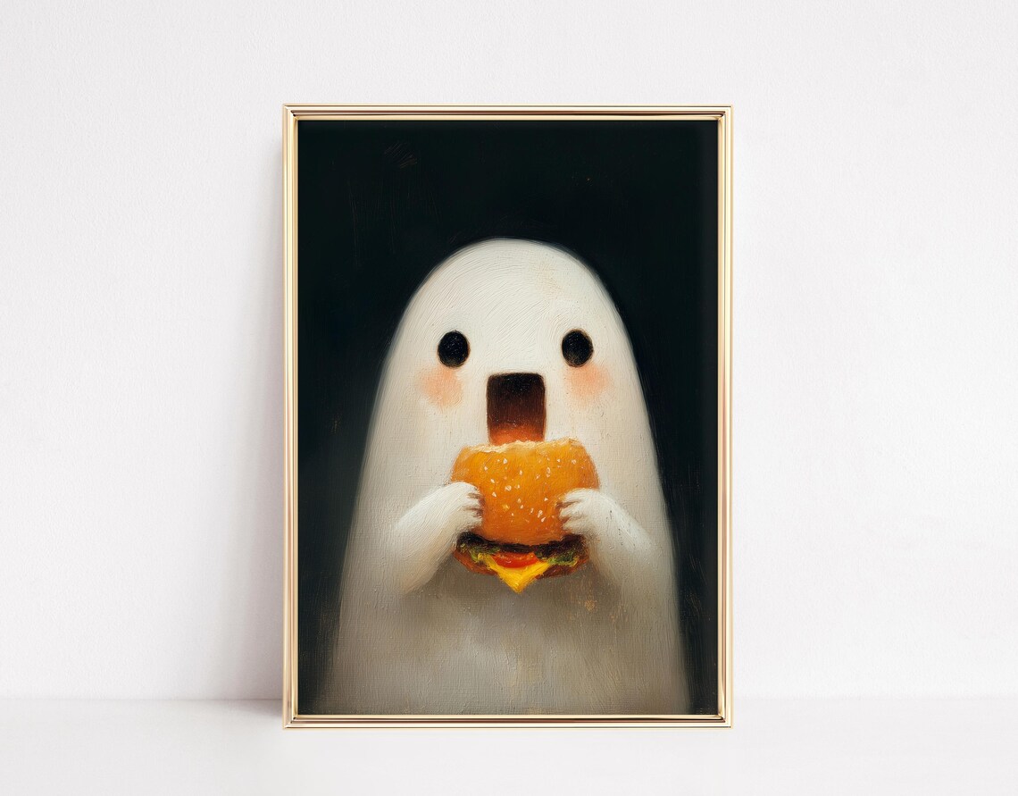 Funny Ghost Burger Poster Print, Spooky Halloween Kitchen Art