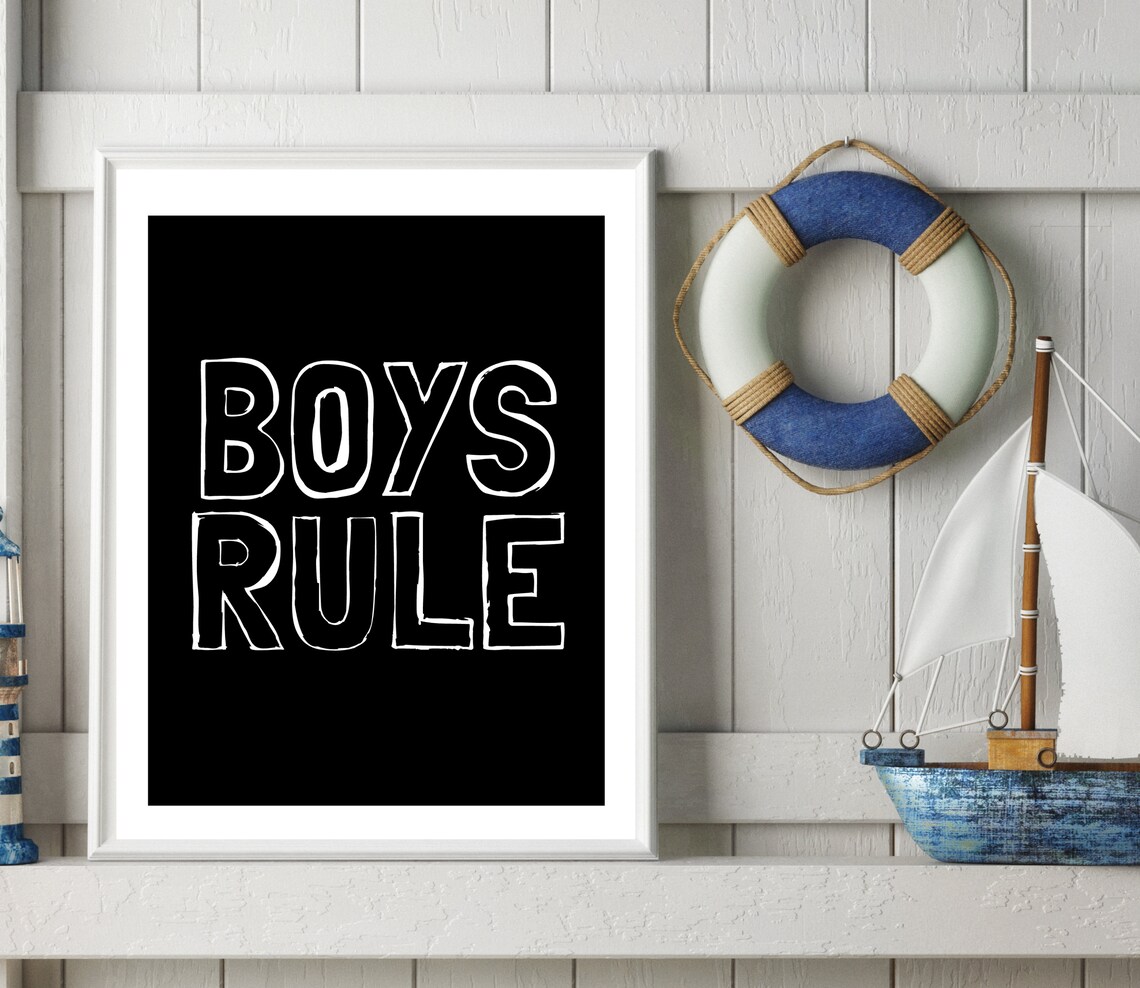 Boys Rule White Outline Black Minimalist Boys Bedroom Poster - Image 4