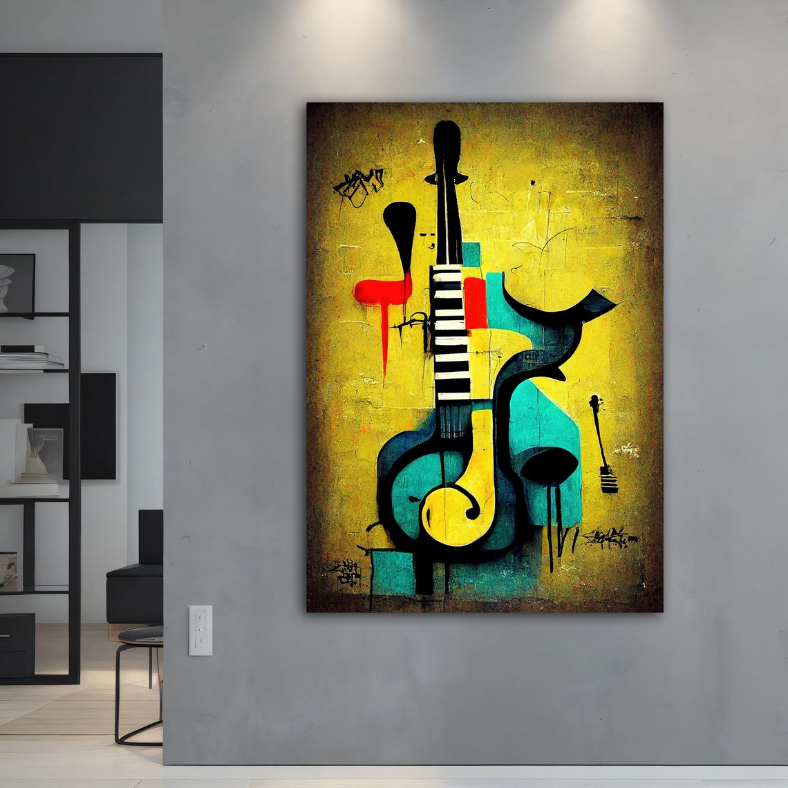 Abstract Cubist Guitar Yellow Background Colorful Music Art Print - Image 5