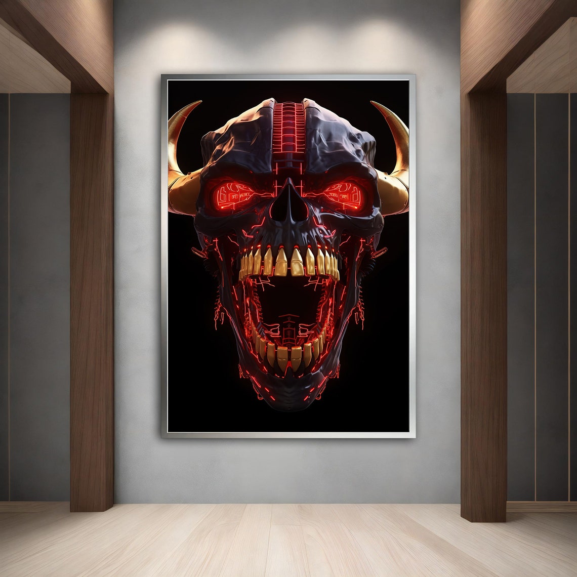 Demon Skull Red Glowing Eyes Horns Gold Teeth Dark Fantasy Art Poster - Image 5