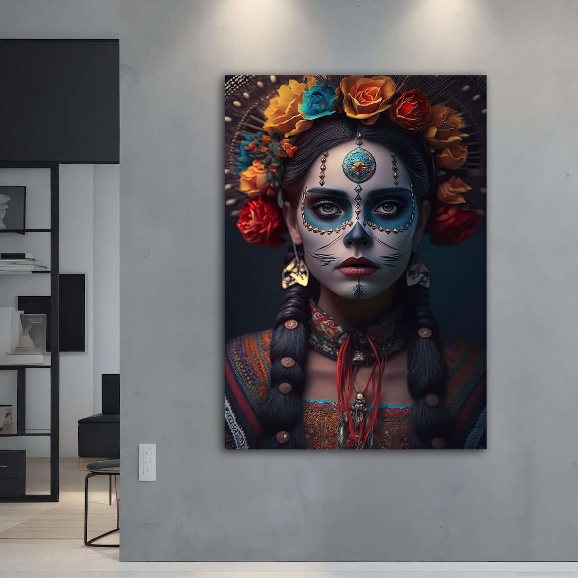 Sugar Skull Catrina Woman Flower Crown Day Of The Dead Portrait Poster - Image 4