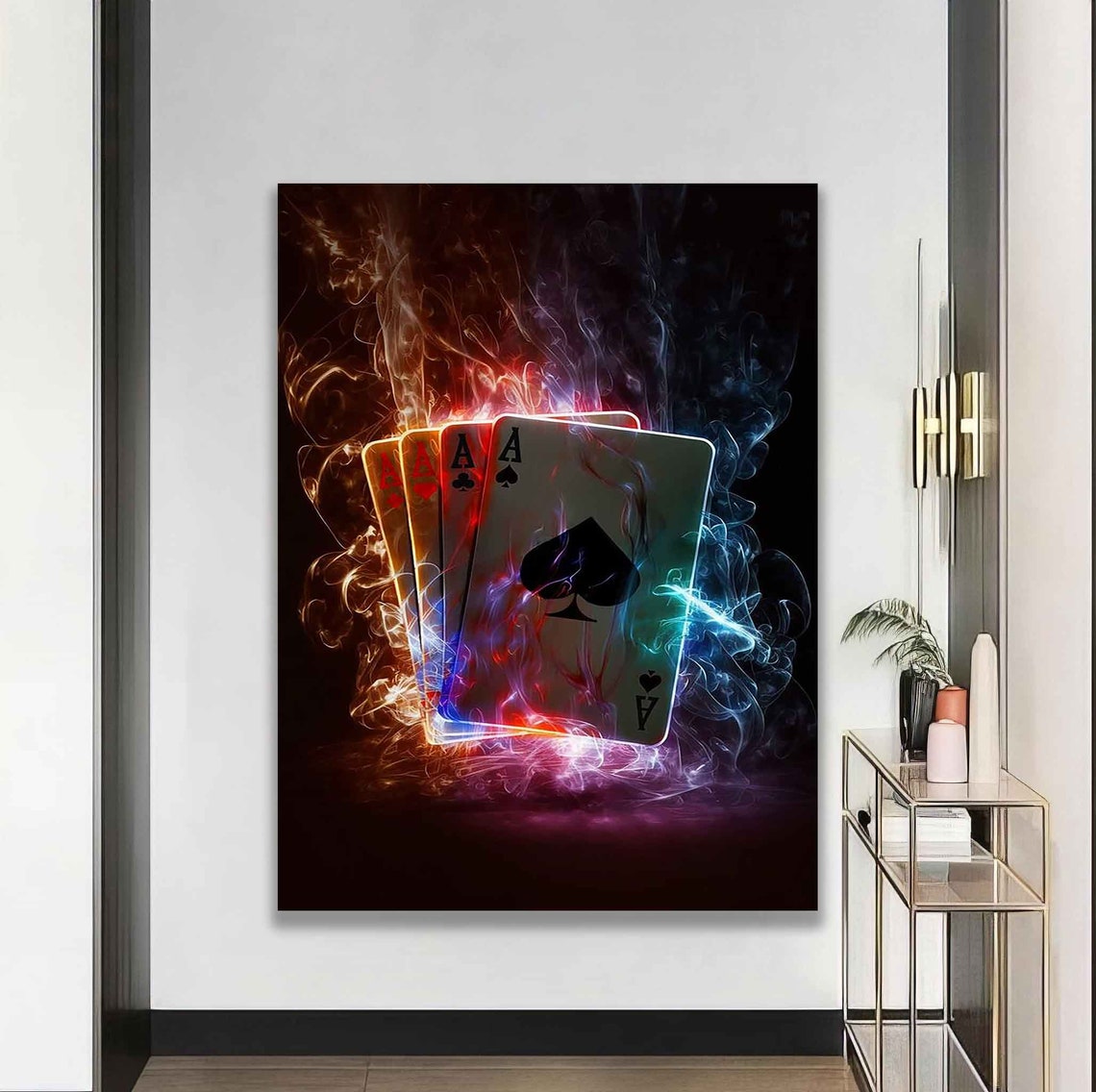 Four Aces Playing Cards With Neon Fire Smoke On Black Art Poster - Image 5