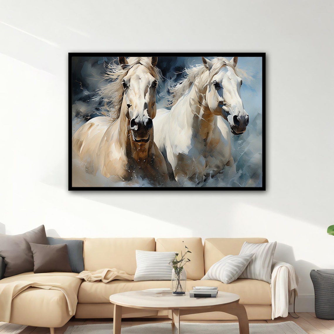 Two White Horses Running Wild Majestic Equine Painting Wall Art Poster - Image 3