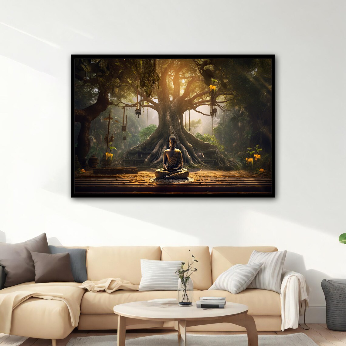 Buddha Meditating Under Banyan Tree Golden Temple Light Wall Art Poster - Image 2
