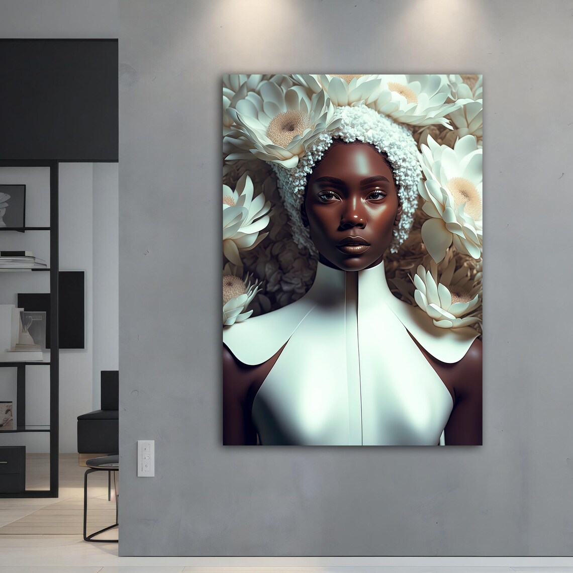 African Woman White Floral Headpiece Elegant Portrait Art Poster - Image 2