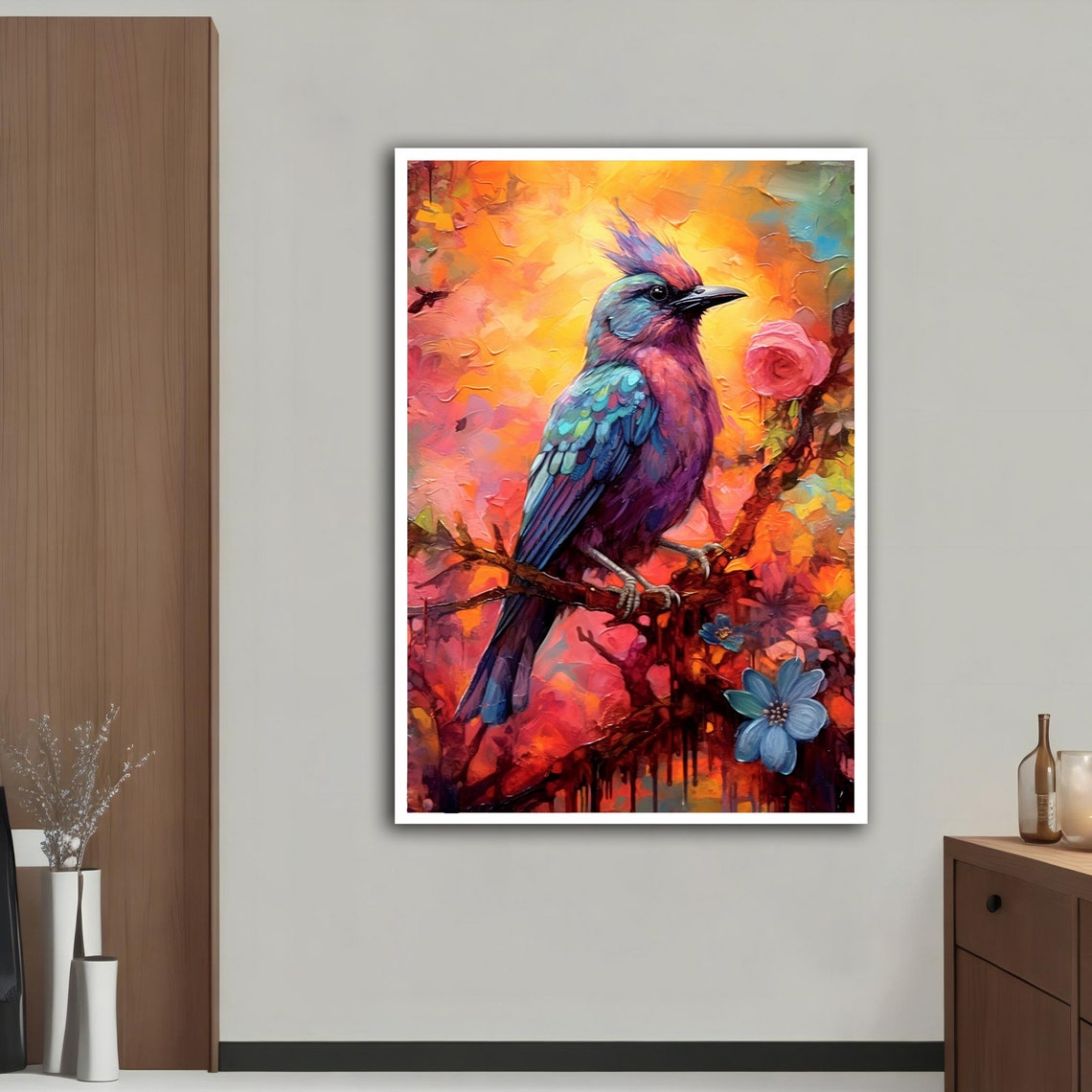 Colorful Crested Songbird on Branch Vibrant Oil Painting Bird Print - Image 2