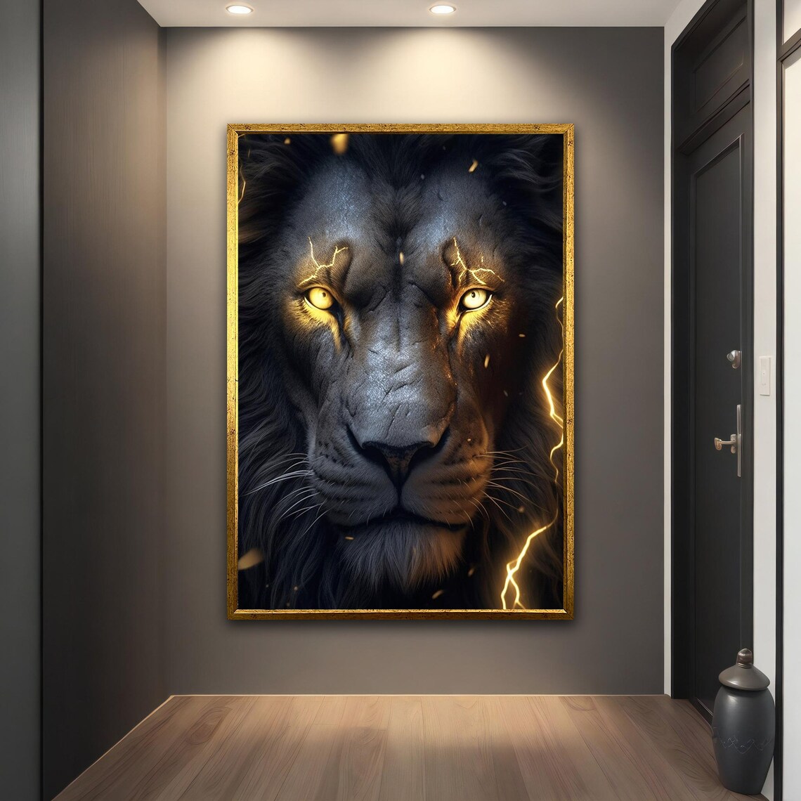 Black Lion Golden Lightning Eyes Fierce Portrait Dramatic Wall Art Poster