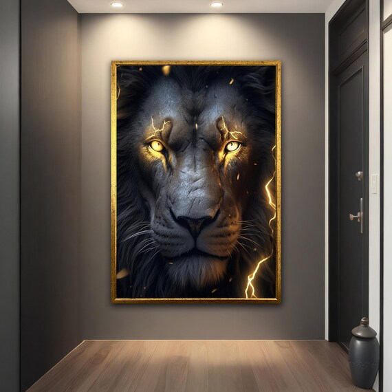 Black Lion Golden Lightning Eyes Fierce Portrait Dramatic Wall Art Poster
