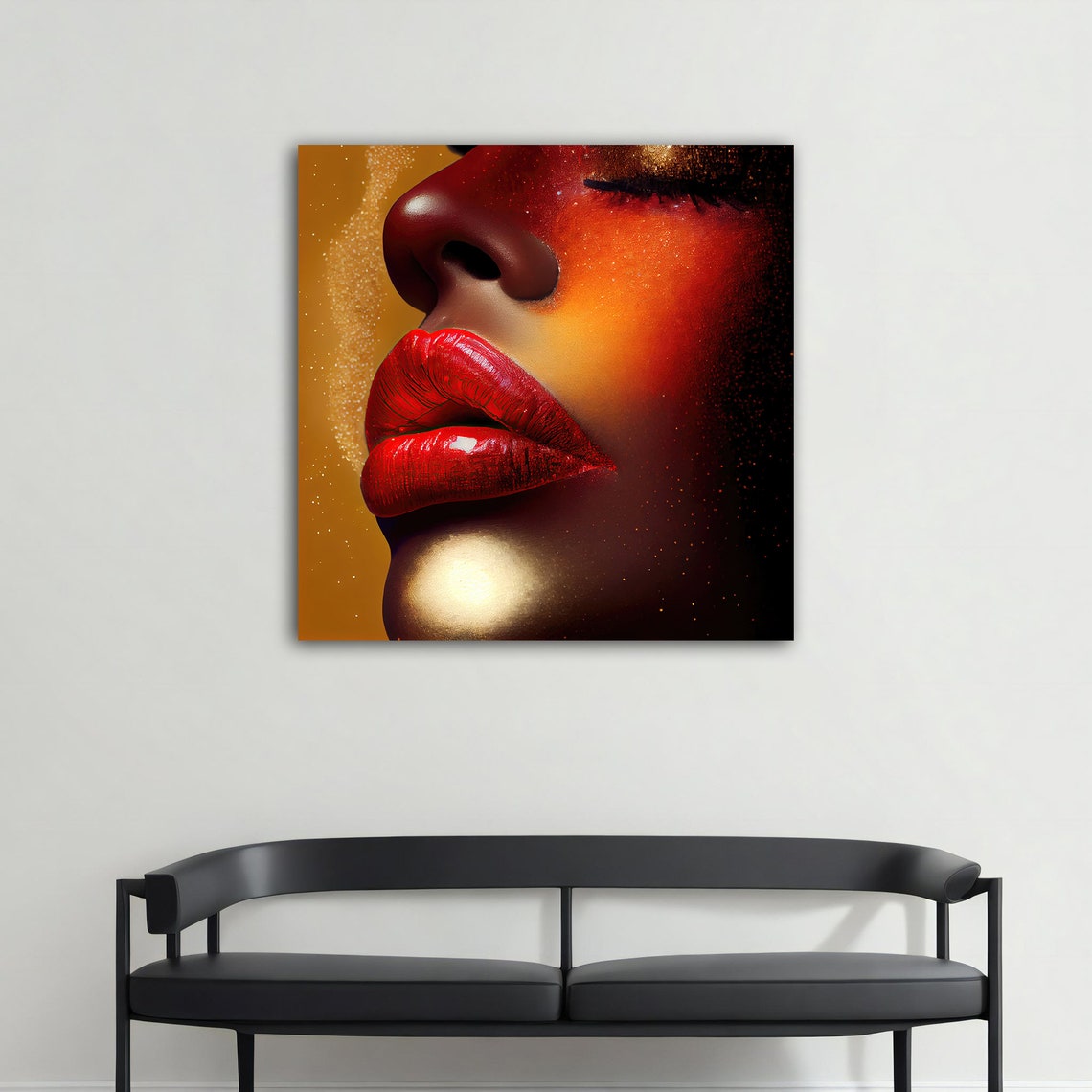 Glossy Red Lips Close Up On Sparkling Golden Background Poster - Image 5