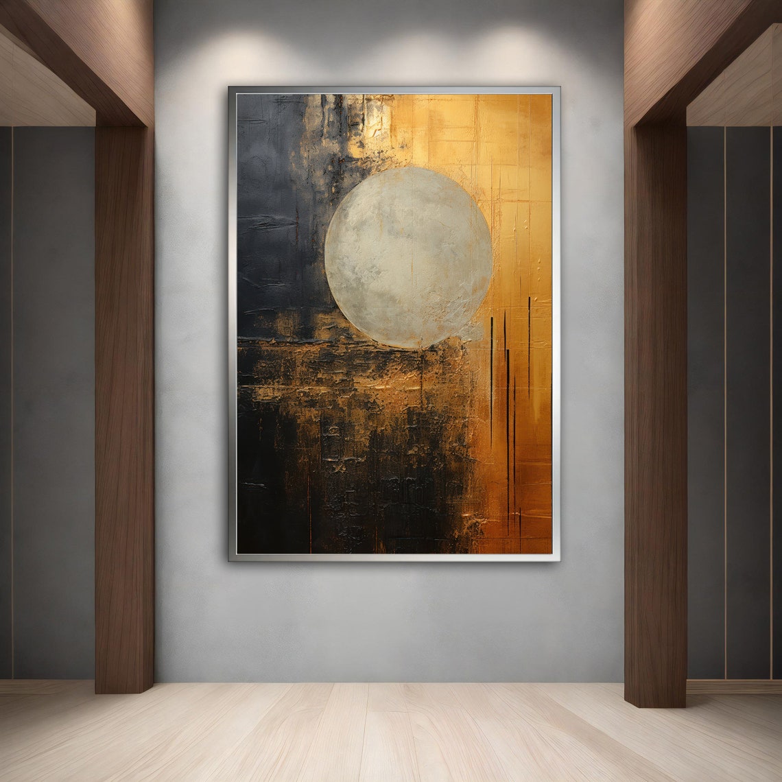 Black And Gold Abstract Painting With Large Moon Sphere Wall Art - Image 2