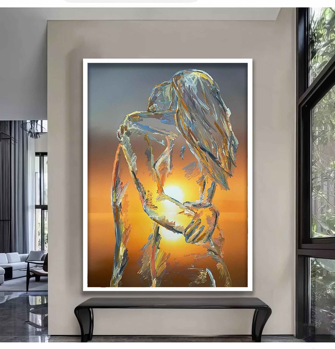Embracing Couple Silhouette Sunset Double Exposure Love Art Poster - Image 4