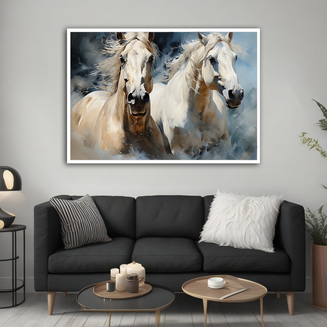 Two White Horses Running Wild Majestic Equine Painting Wall Art Poster - Image 4