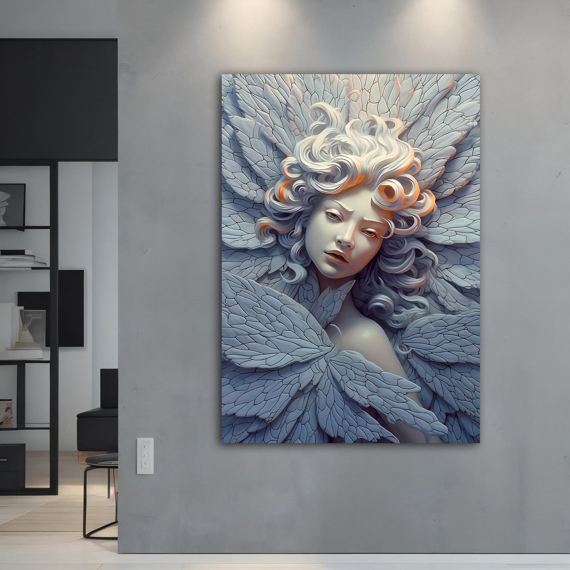 Sculpture Style Woman Feather Wings Cool Blue Gray Wall Art Print - Image 2