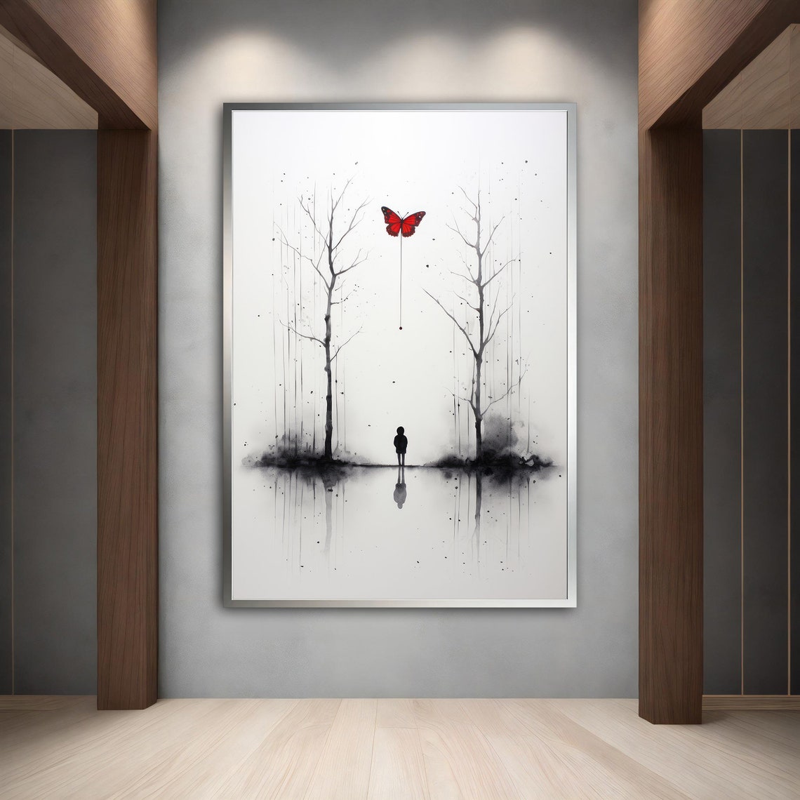 Minimalist Ink Child Between Bare Trees With Red Butterfly Poster - Image 3