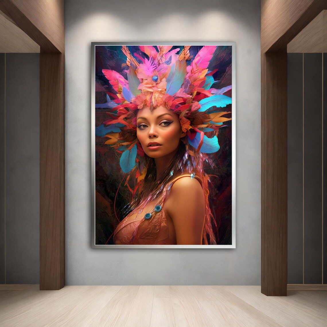 Woman Pink Feather Headdress Blue Tropical Carnival Beauty Art Poster - Image 5